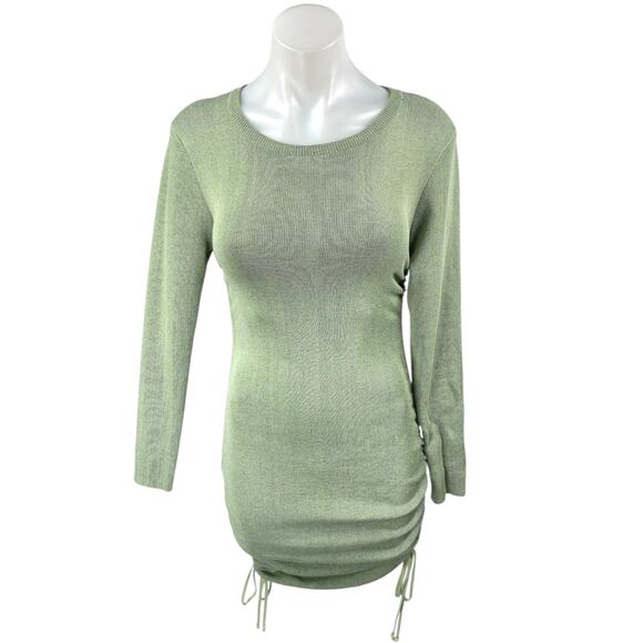 Lioness Green Knit Long Sleeve Ruched Tie Slim Mini Bodycon Sweater Dress Size S - Picture 1 of 5